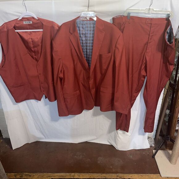 Stacy Adams Men’s 3 Pc Suit Sz 60R Jacket 54x29 Pants Red Tetron Blend Business